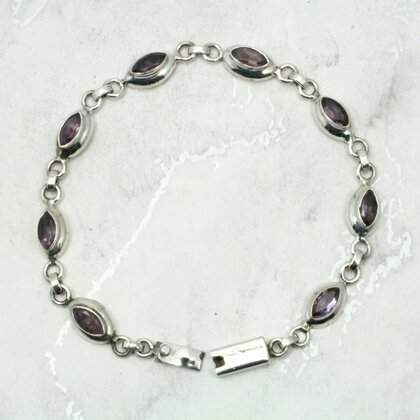Amethyst & 925 Antique Sterling Silver Marquise Bracelet (Length 210mm)