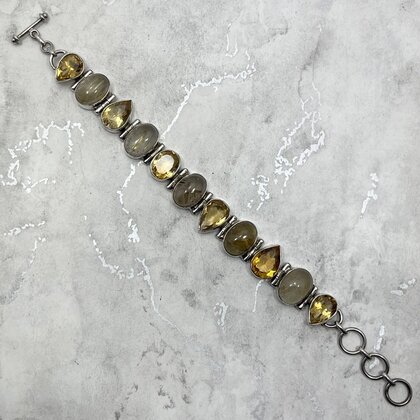 Citrine & Rutilated Quartz 925 Sterling Silver Ornate Bracelet (Length 200mm)