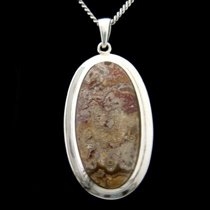 Crazy Lace Agate & Silver Pendant - Oval 45mm