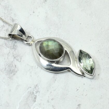 Faceted Labradorite & Aquamarine 925 Silver Pendant ~40mm