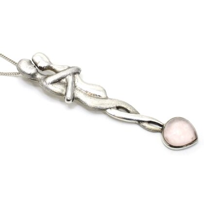Lovers 925 Antique Silver Pendant with Rose Quartz Stone ~70mm