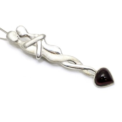 Lovers 925 Antique Silver Pendant with Garnet Stone ~70mm