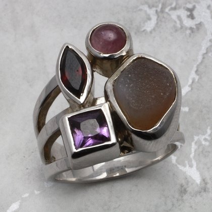 Multi Gemstone & Silver Ring  ~7.25 US / O-0.5 UK