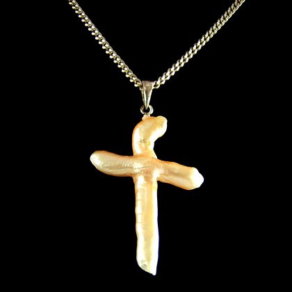 Pearl & Silver Pendant - Freeform Cross 40mm