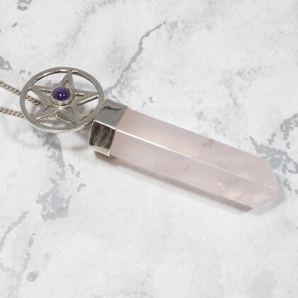 Rose Quartz Point & Amethyst 925 Silver Star Pendant  ~62mm