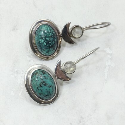 Turquoise & Moonstone 925 Silver Drop Earrings ~39mm