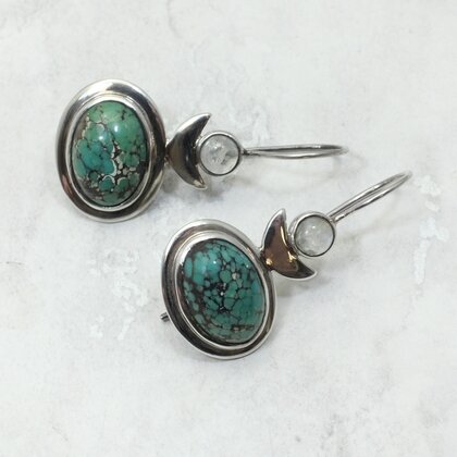Turquoise & Moonstone 925 Silver Drop Earrings ~39mm