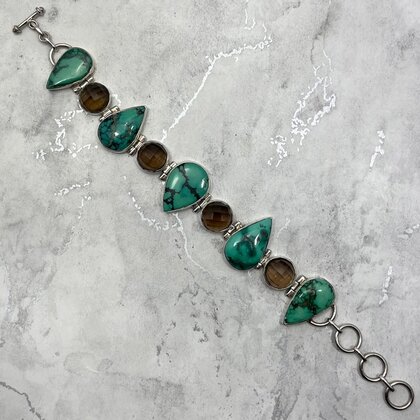 Turquoise & Smoky Quartz 925 Sterling Silver Ornate Bracelet (Length 227mm)